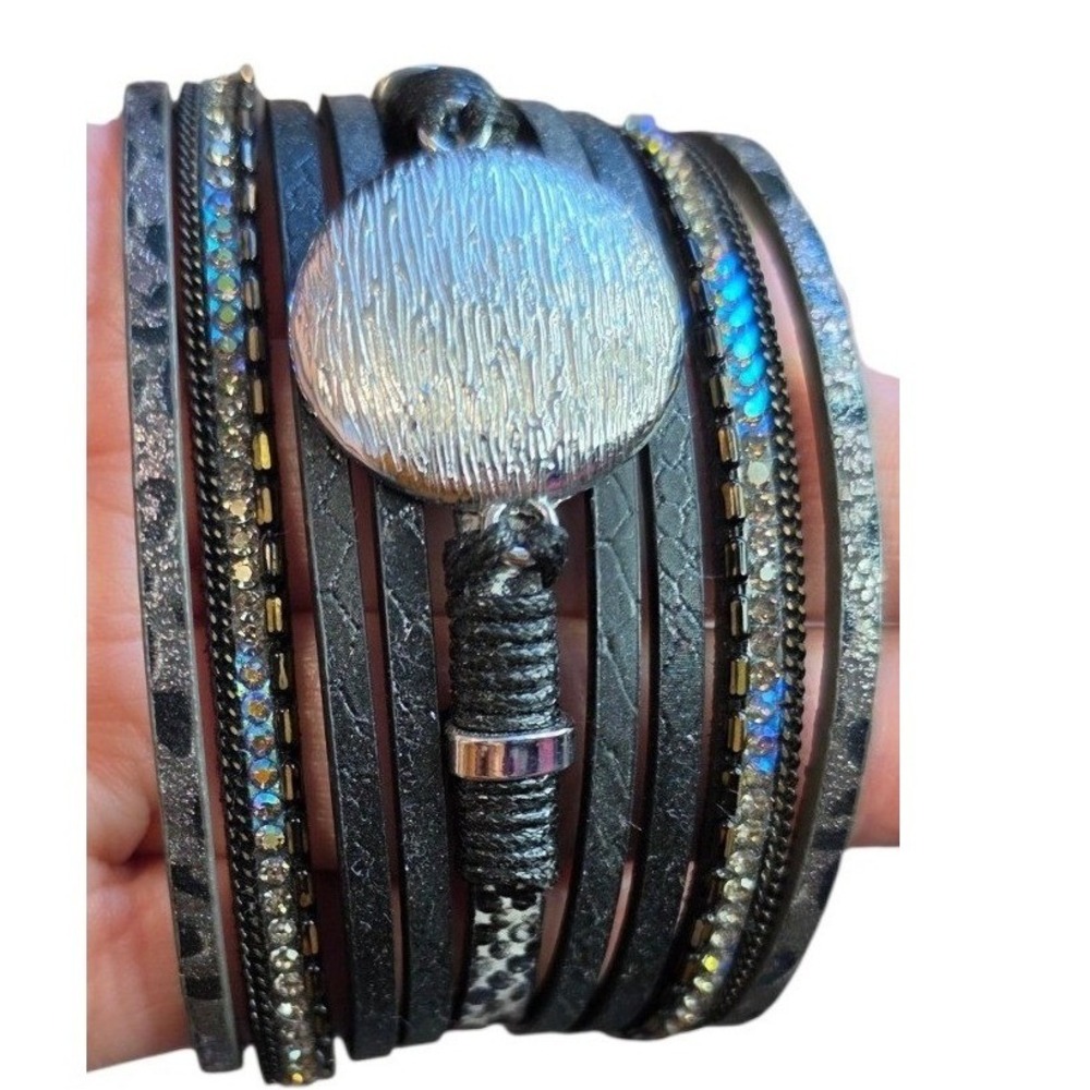 Boho Multi Strand‎ Leather Magnetic Wrap Bracelet Animal Print Rhinestone Silver